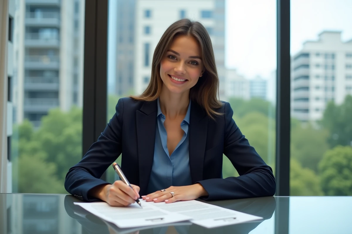 Jeune femme signant un contrat immobilier dans un bureau lumineux