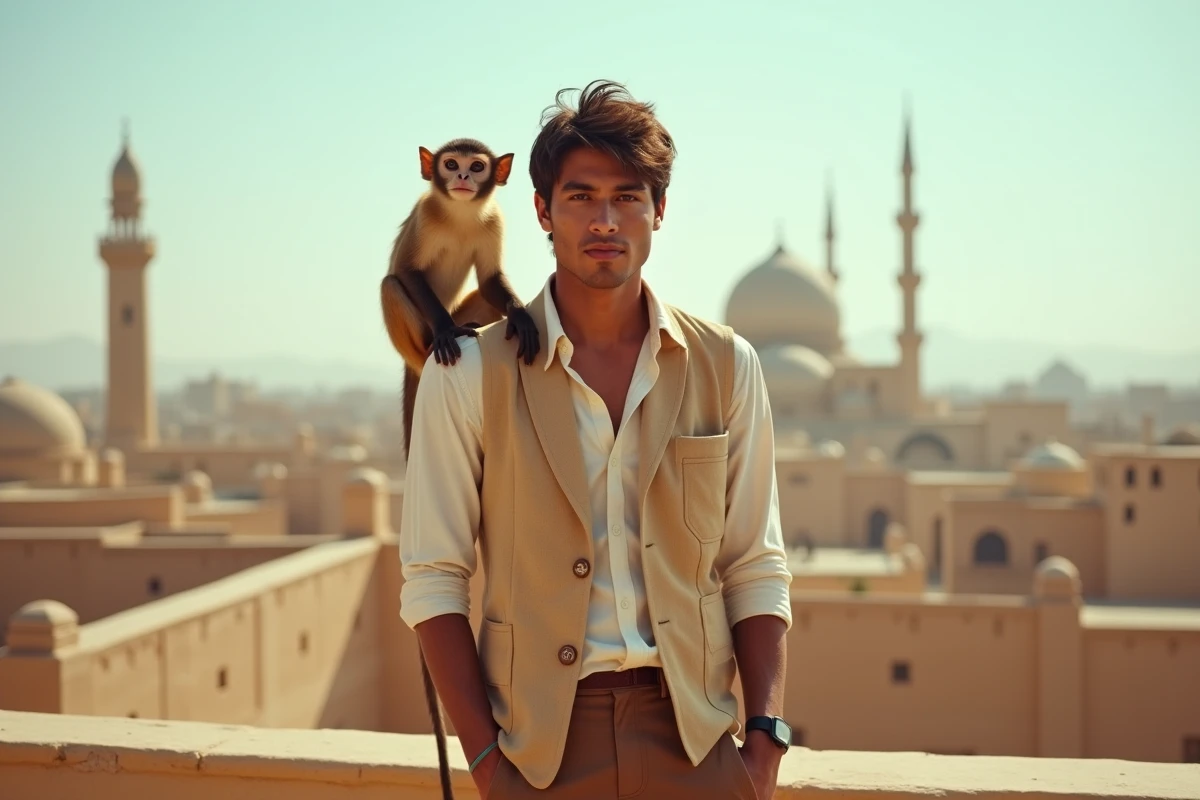 Singe capucin perché sur l'épaule d'un jeune homme sur un toit avec vue sur une ville désertique inspirée d'Agrabah dans Aladdin
