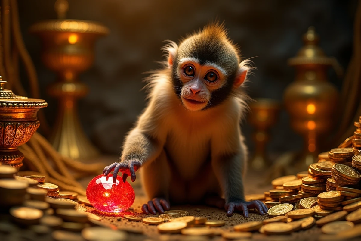 Singe capucin dans une grotte aux trésors dorés tendant la patte vers un joyau rouge brillant dans l'univers d'Aladdin Disney