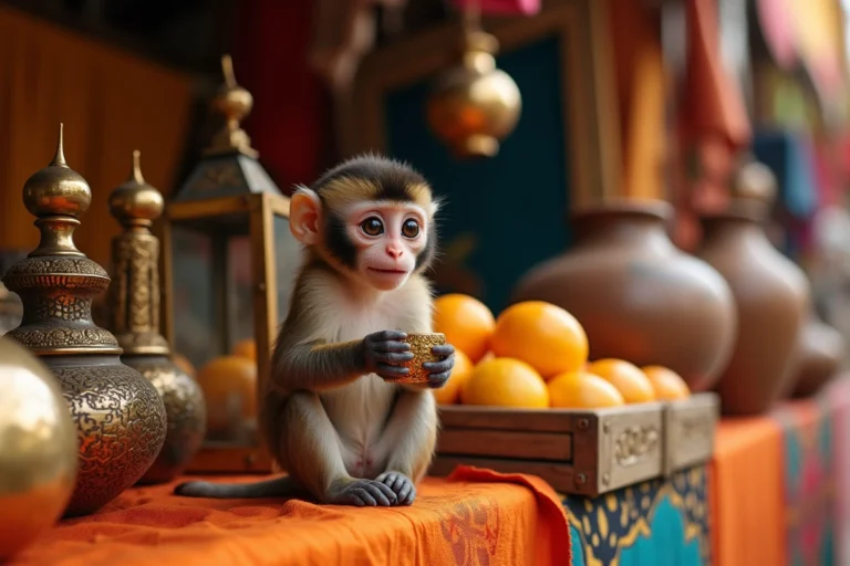 Petit singe capucin tenant un bijou doré dans un marché oriental coloré inspiré de l'univers d'Aladdin Disney