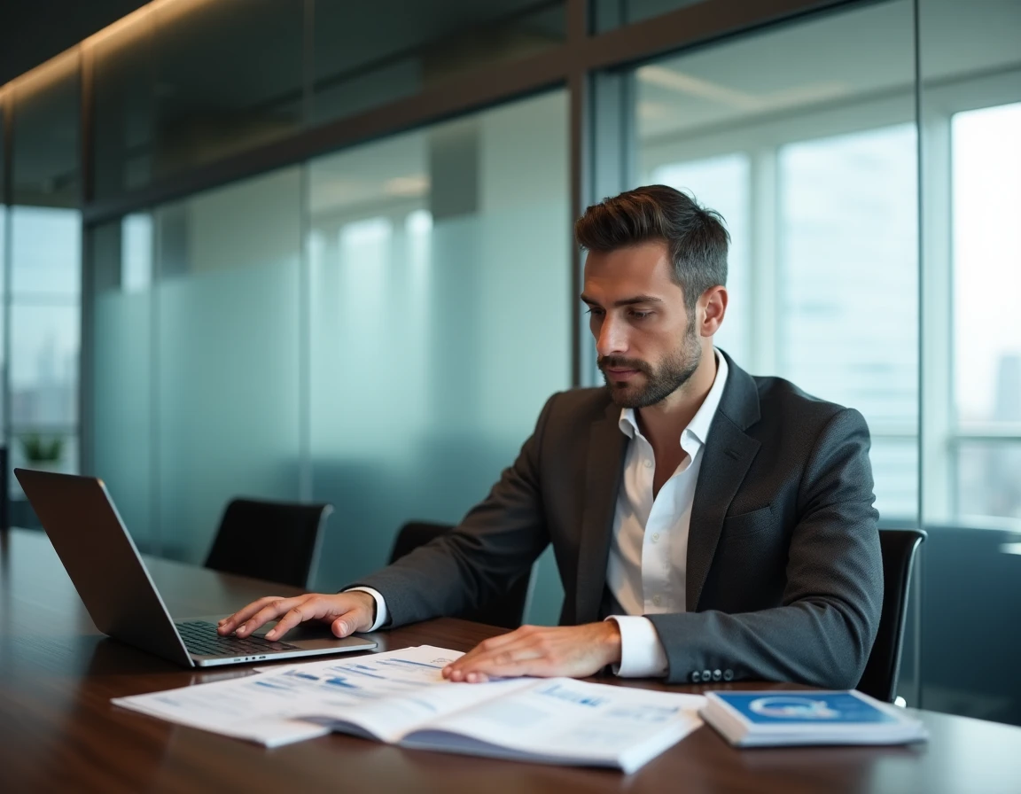Homme d'affaires révisant une stratégie de croissance avec des documents et un tableau de bord numérique en salle de réunion