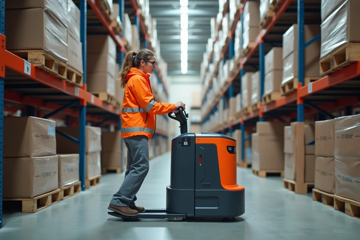 Jeune technicien en veste orange guidant un chariot élévateur électrique