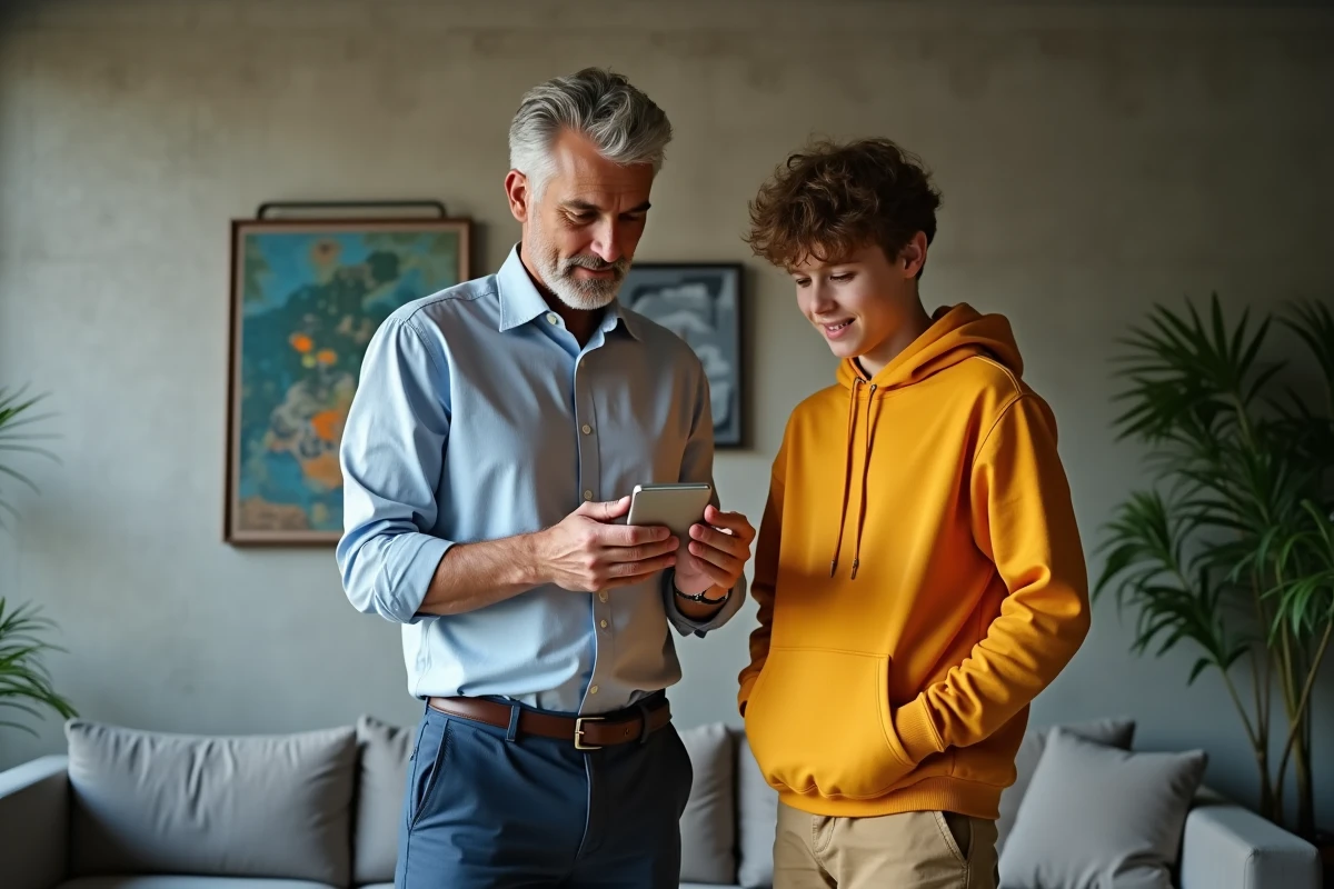 Homme et adolescent transférant des données entre deux téléphones