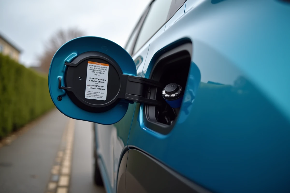 Gros plan sur la trappe à carburant ouverte d'une Hyundai Kona bleue montrant l'étiquette de type de carburant recommandé par le constructeur