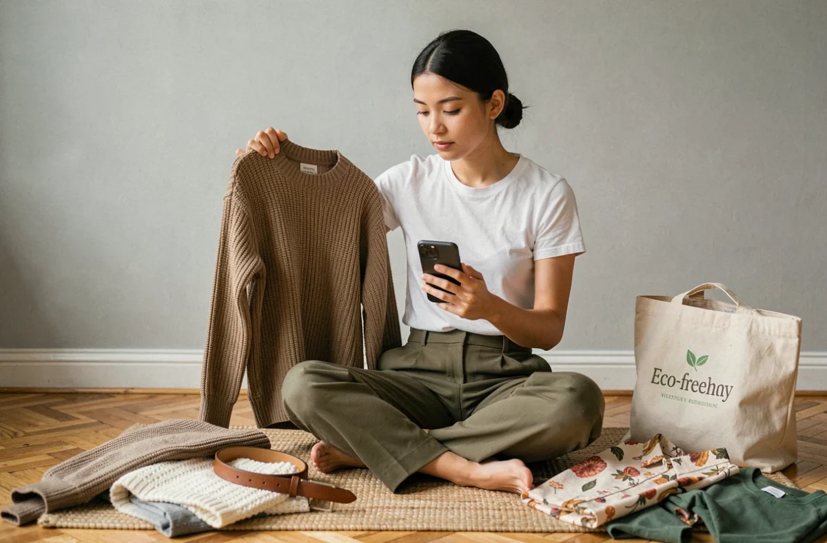 Jeune femme triant des vêtements de seconde main chez elle avec une application de revente sur smartphone