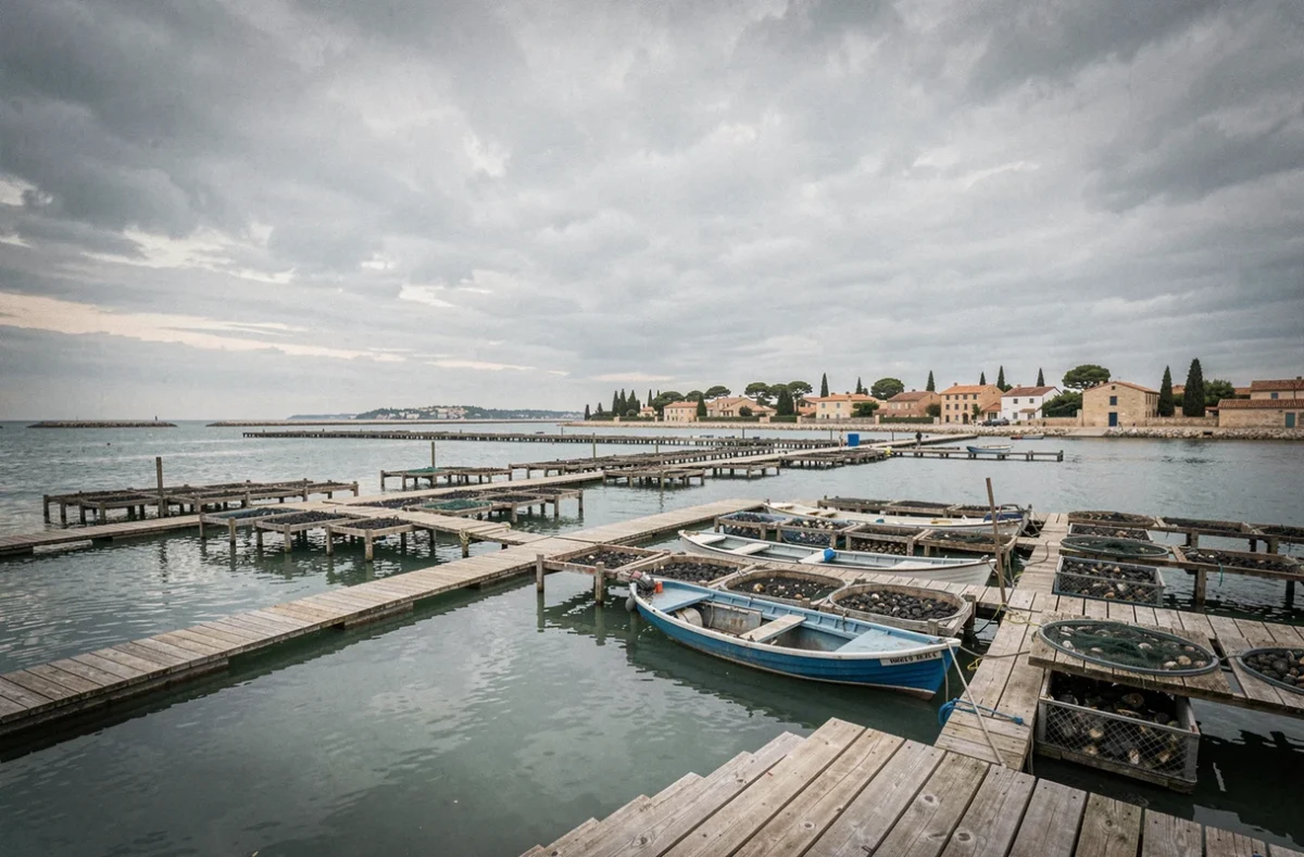 Vue panoramique sur un village ostréicole méditerranéen avec pontons et bateaux typiques de l'étang de Thau