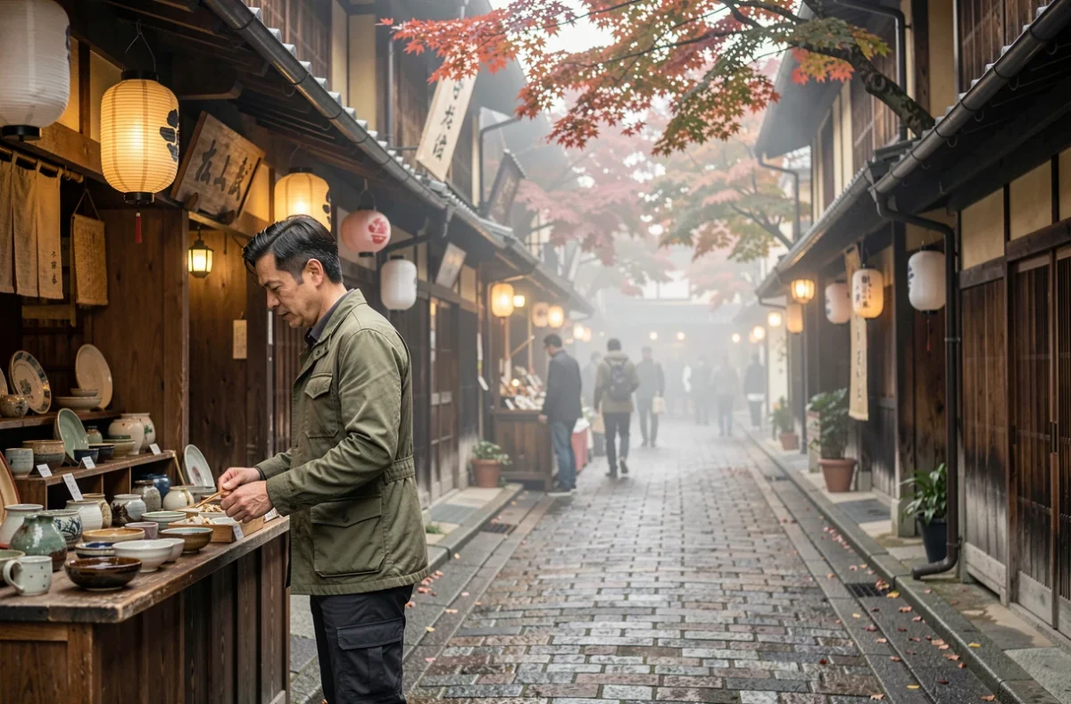 Voyageur explorant un marché artisanal traditionnel dans les ruelles de Kyoto au Japon en automne, top destination voyage 2025