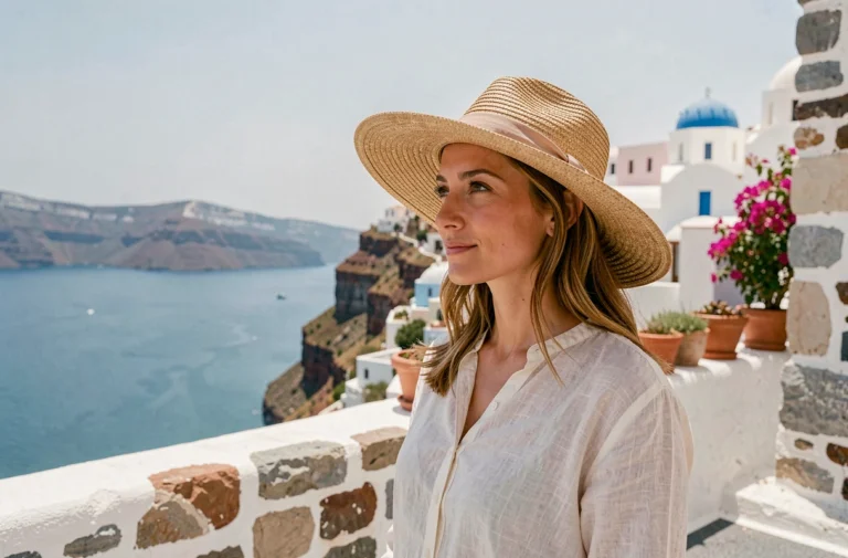 Femme voyageuse contemplant la vue sur la mer Égée depuis une terrasse de Santorin, Grèce, destination incontournable 2025