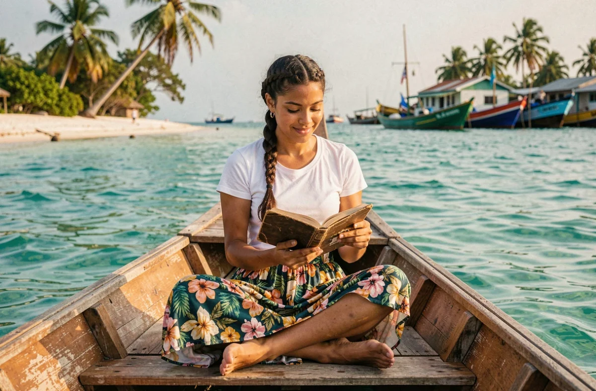 Femme voyageuse lisant sur un boutre traditionnel naviguant dans les eaux turquoise de Zanzibar en Tanzanie, voyage de rêve 2025